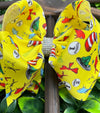 HAT  PRINTED YELLOW DOUBLE LAYER HAIR BOWS. 7.5" WIDE 4PCS/$10.00 BW-DSG-755