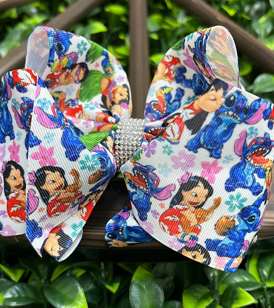 LILO CHARACTER MULTI- PRINTED DOUBLE LAYER HAIR BOWS. 7.5" WIDE 4PCS/$10.00 BW-DSG-762
