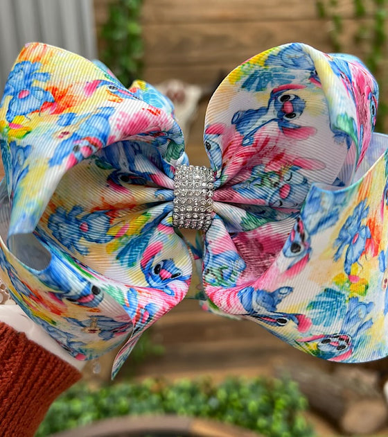 CHARACTER & TIE DYE PRINTED DOUBLE LAYER HAIR BOWS. 7.5" WIDE 4PCS/$10.00 BW-DSG-761