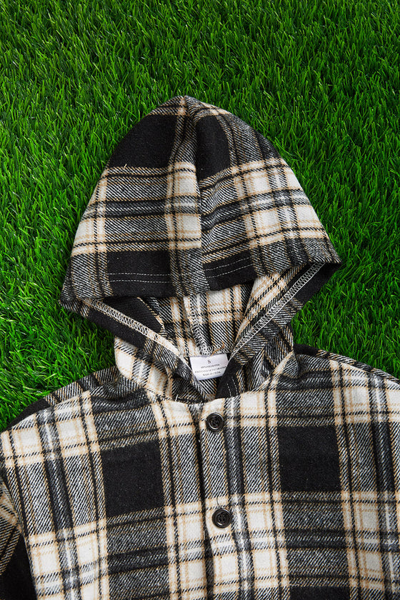 BABY TO BIG KID, BLACK, WHITE & YELLOW/ PLAID HOODIE SHIRT. TPG651122259-AMY