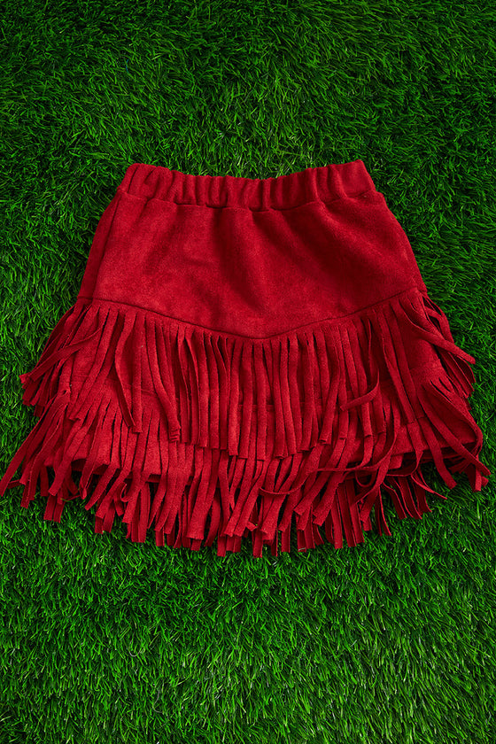 MAROON DOUBLE LAYER FRINGE FAUX SUEDE SKIRT. DRG651522100-SOL