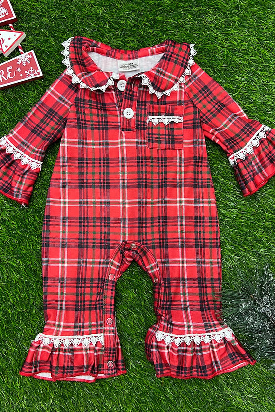 RED PLAID PRINTED BABY ROMPER WITH WHITE LACE DETAIL. PJG501722018-JEANNE