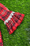 RED PLAID PRINTED BABY ROMPER WITH WHITE LACE DETAIL. PJG501722018-JEANNE