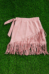 PINK HIGH-LOW FRINGE FAUX SUEDE SKIRT WITH SIDE KNOT. DRG651122267-SOL