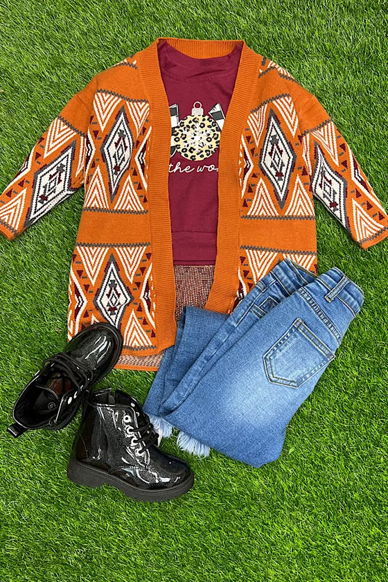 GOLDEN BROWN KNIT CARDIGAN WITH GEOMETRIC PATTERN. TPG651522055-AMY