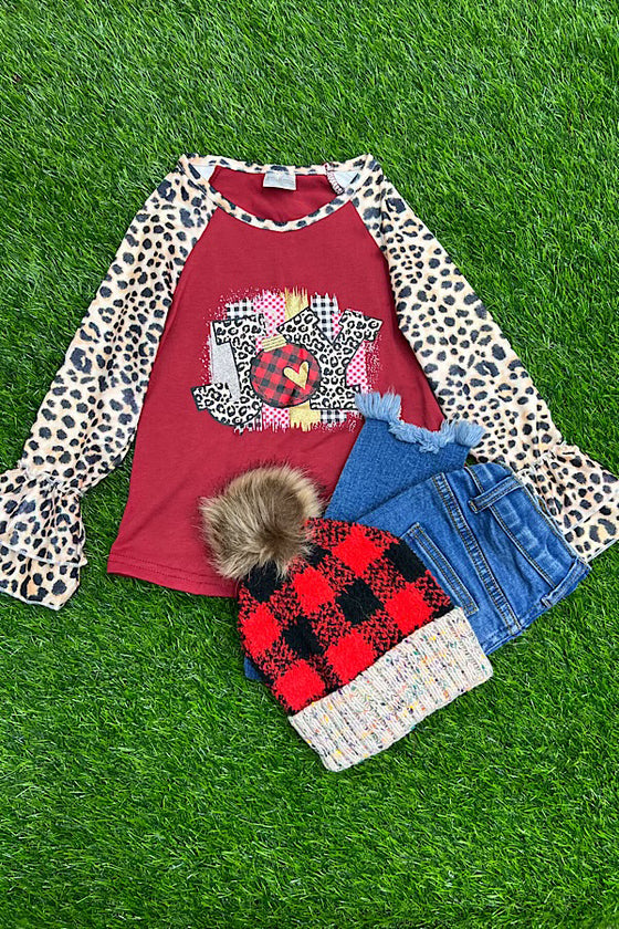 ❄️JOY" BURGUNY PRINTED TOP WITH RUFFLE SLEEVE. LC-TP-2116533-AMY