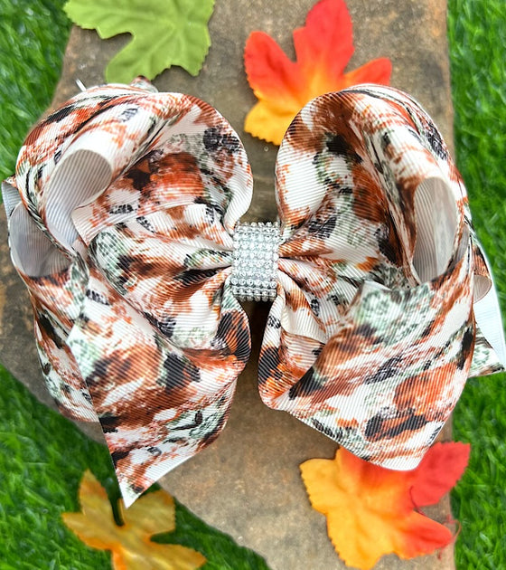 BROWN & GREEN DIE PRINTED HAIR BOW WITH RHINESTONES 7.5" WIDE DOUBLE LAYER. 4PCS/$10.00 BW-DSG-230