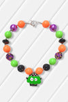 GREEN, PURPOLE & ORANGE BUBBLE NECKLACE WITH GREEN MONSTER CUPCAKE PENDANT. 3PSC/$12.00  XL-02053