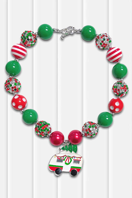 GREEN & RED BUBBLE NECKLACE WITH CHRISTMAS RV PENDANT . 3PSC/$12.00  XL-02065
