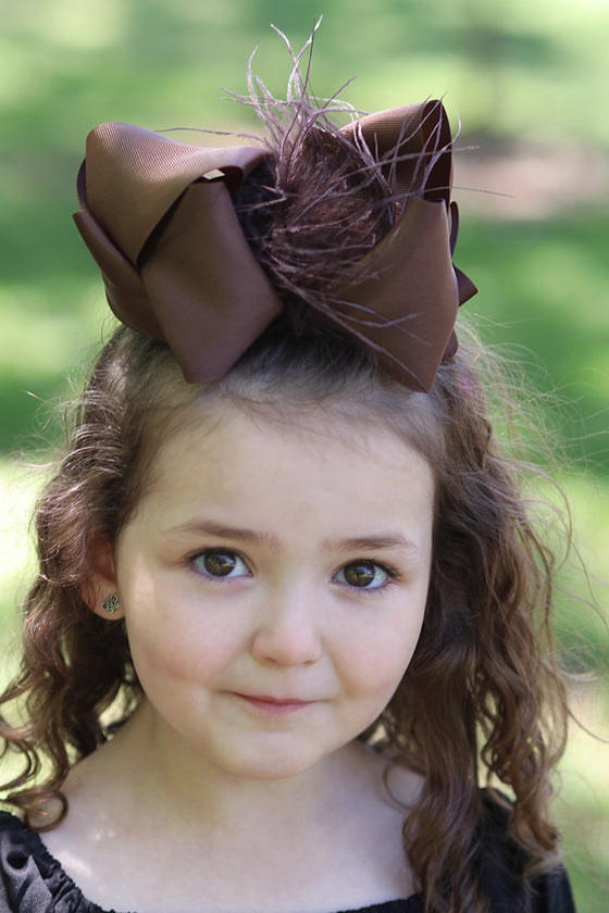 BROWN DOUBLE LAYER FEATHER HAIR BOWS 7.5" WIDE 4PCS/$10.00 BW-850-F